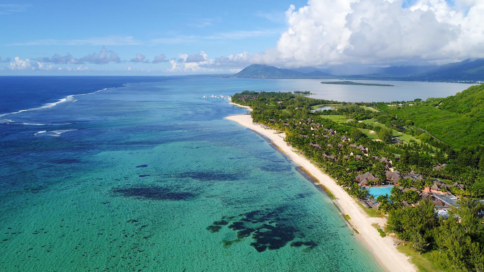 Aerial view of Dinarobin Beachcomber Golf Resort & Spa at Le Morne, Mauritius